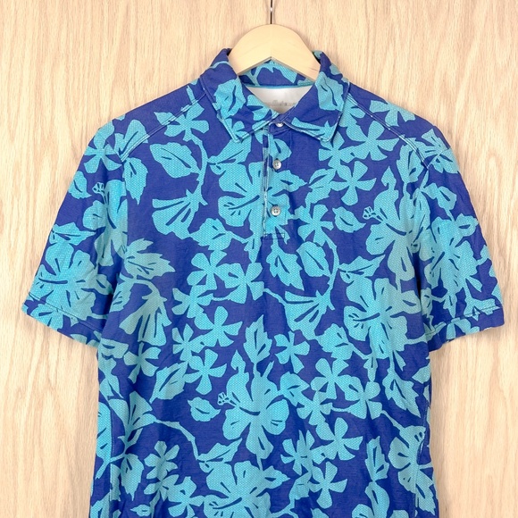 Tommy Bahama Polo Shirt Blue Floral Hawaiian Print - Picture 2 of 11